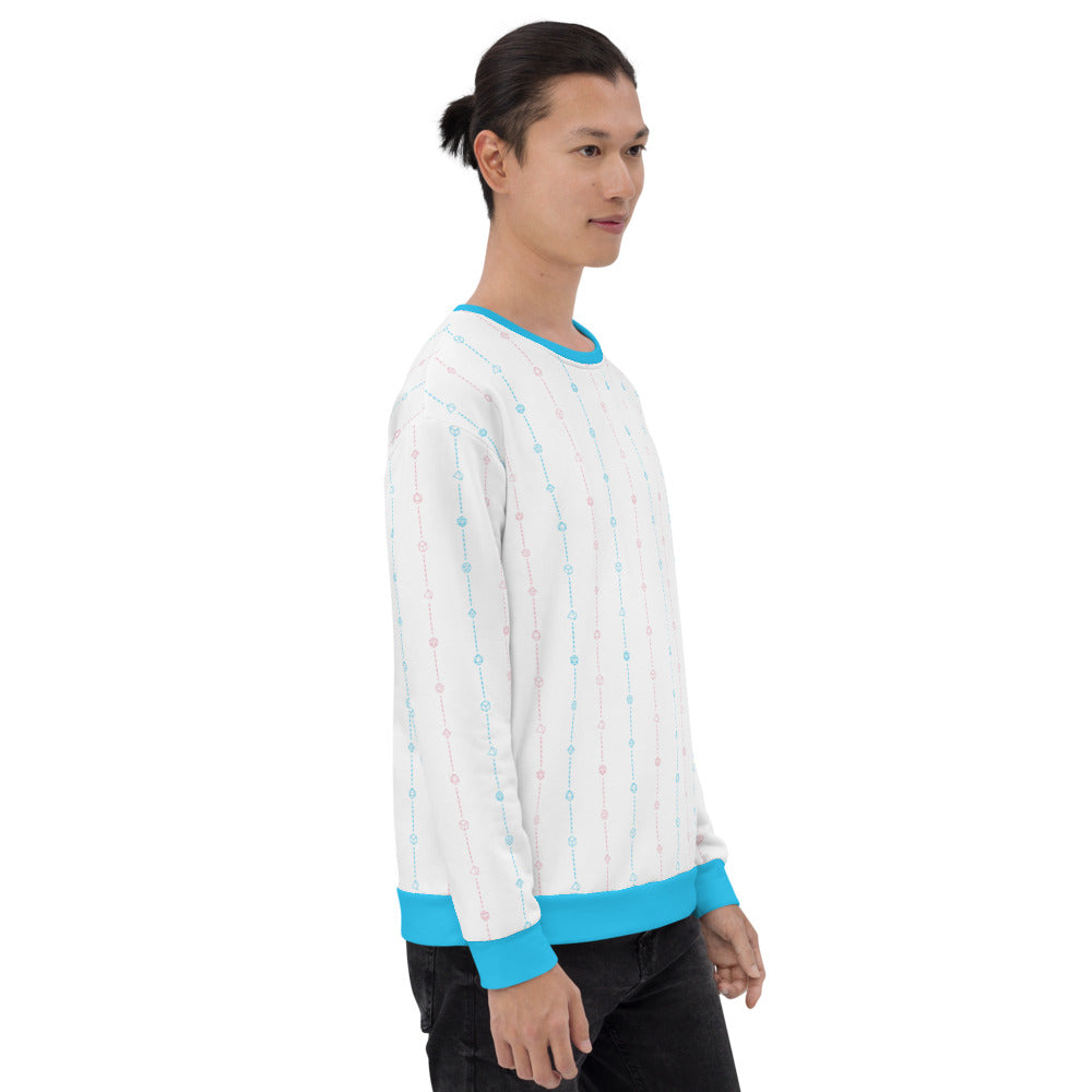 light-skinned dark haired model on a white background facing right wearing the transgender pride dice sweater