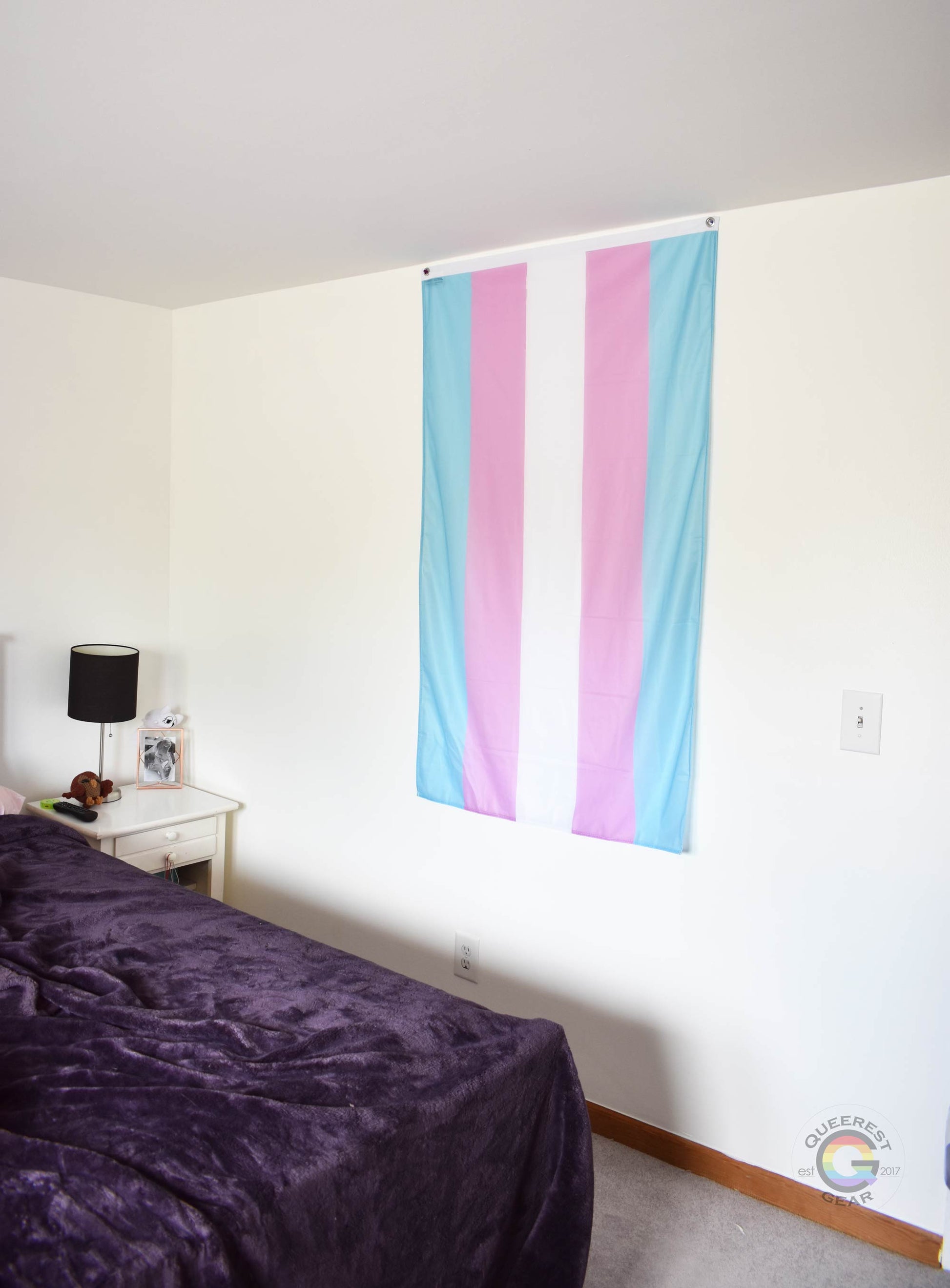 3’x5’ transgender flag hanging vertically on the wall of a bedroom with a nightstand and a bed