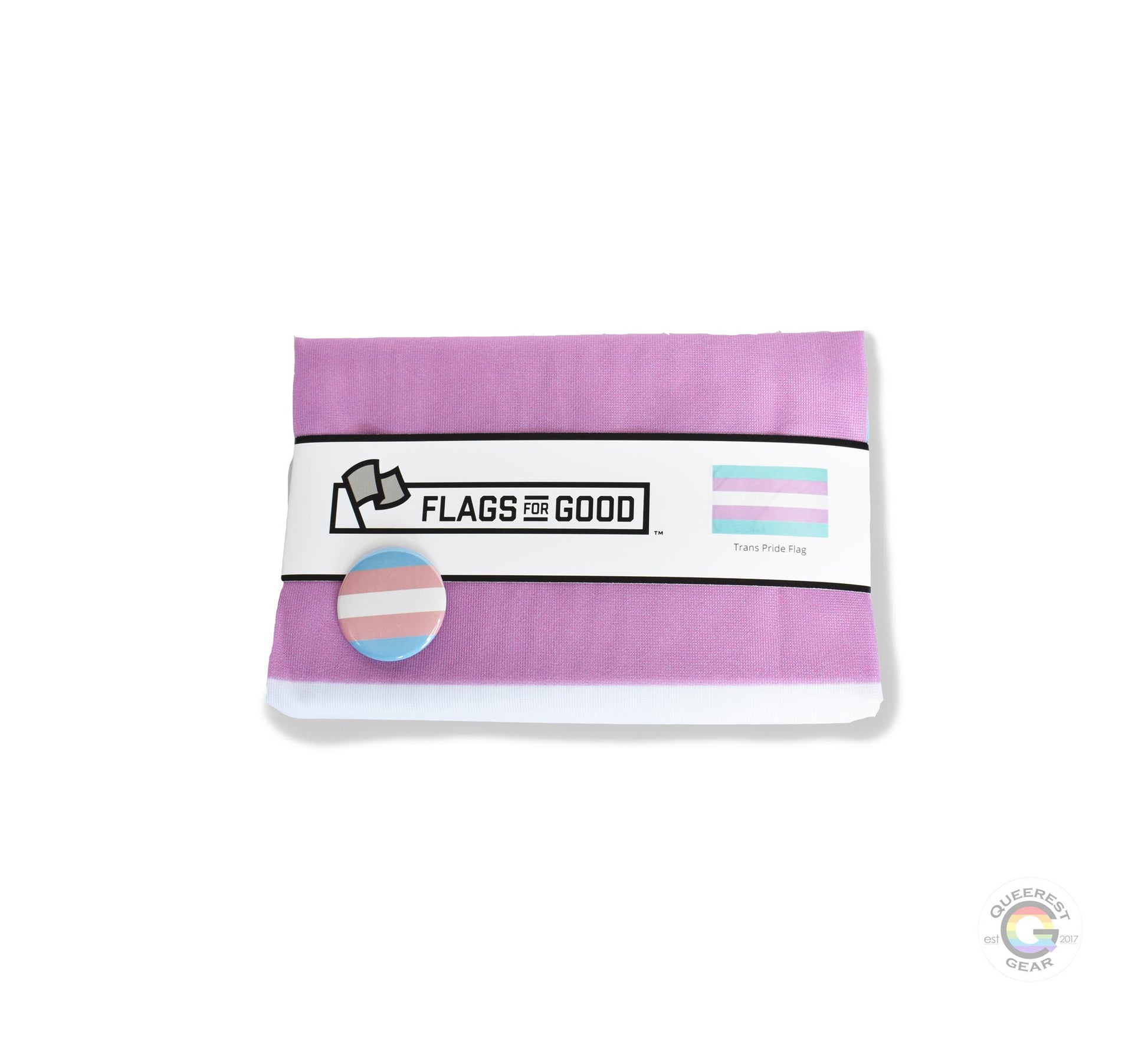  The transgender pride flag folded in its packaging with the matching free transgender flag button